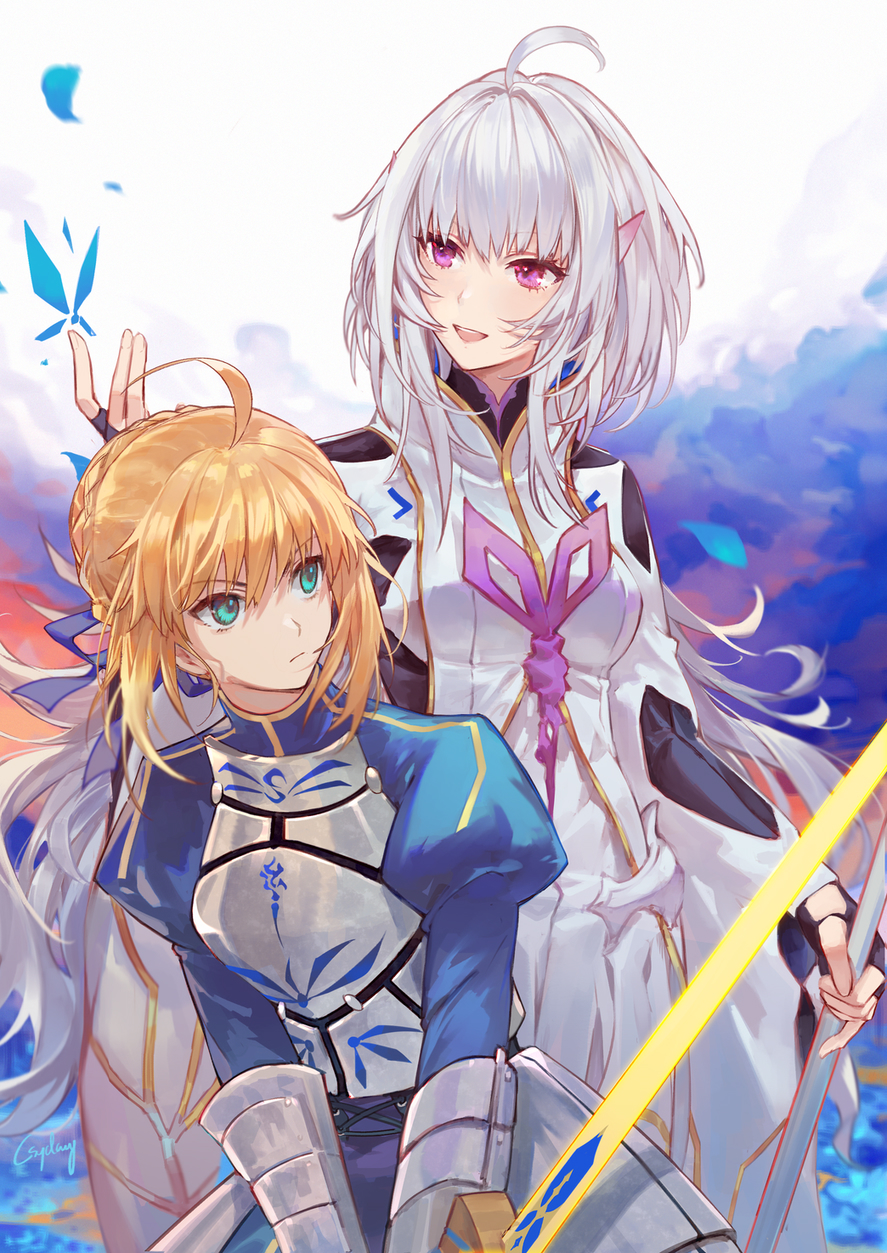 2girls ahoge armor armored_dress artoria_pendragon_(all) bangs black_gloves blonde_hair blue_dress breastplate closed_mouth commentary csyday dress excalibur eyebrows_visible_through_hair fate/grand_order fate/grand_order_arcade fate/prototype fate/stay_night fate_(series) faulds fingerless_gloves gauntlets gloves green_eyes hand_up highres holding holding_staff holding_sword holding_weapon kawasumi_ayako long_hair long_sleeves looking_away merlin_(fate/prototype) multiple_girls open_mouth robe saber seiyuu_connection short_hair smile staff sword upper_body violet_eyes weapon white_hair white_robe