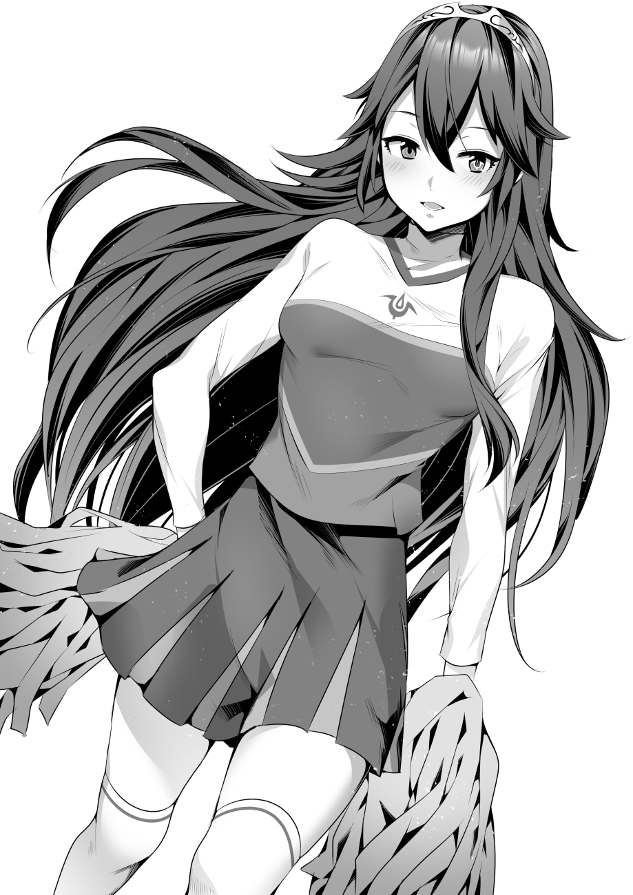1girl alternate_costume ameno_(a_meno0) blush breasts cheerleader fire_emblem fire_emblem_awakening highres long_hair long_sleeves lucina_(fire_emblem) monochrome open_mouth pom_poms simple_background skirt small_breasts smile solo symbol-shaped_pupils thigh-highs tiara