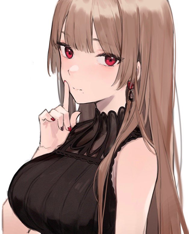 1girl aiko_(kanl) alternate_costume azur_lane bangs bare_arms blunt_bangs blurry blush breasts brown_hair brown_shirt closed_mouth commentary depth_of_field earrings eyebrows_visible_through_hair finger_to_mouth fingernails from_side hand_up index_finger_raised jewelry large_breasts light_smile long_hair looking_at_viewer looking_to_the_side mole mole_under_mouth nail_polish red_eyes red_nails ribbed_shirt ruby_(gemstone) see-through_shirt shirt shushing simple_background sleeveless solo straight_hair swiftsure_(azur_lane) symbol_commentary upper_body white_background