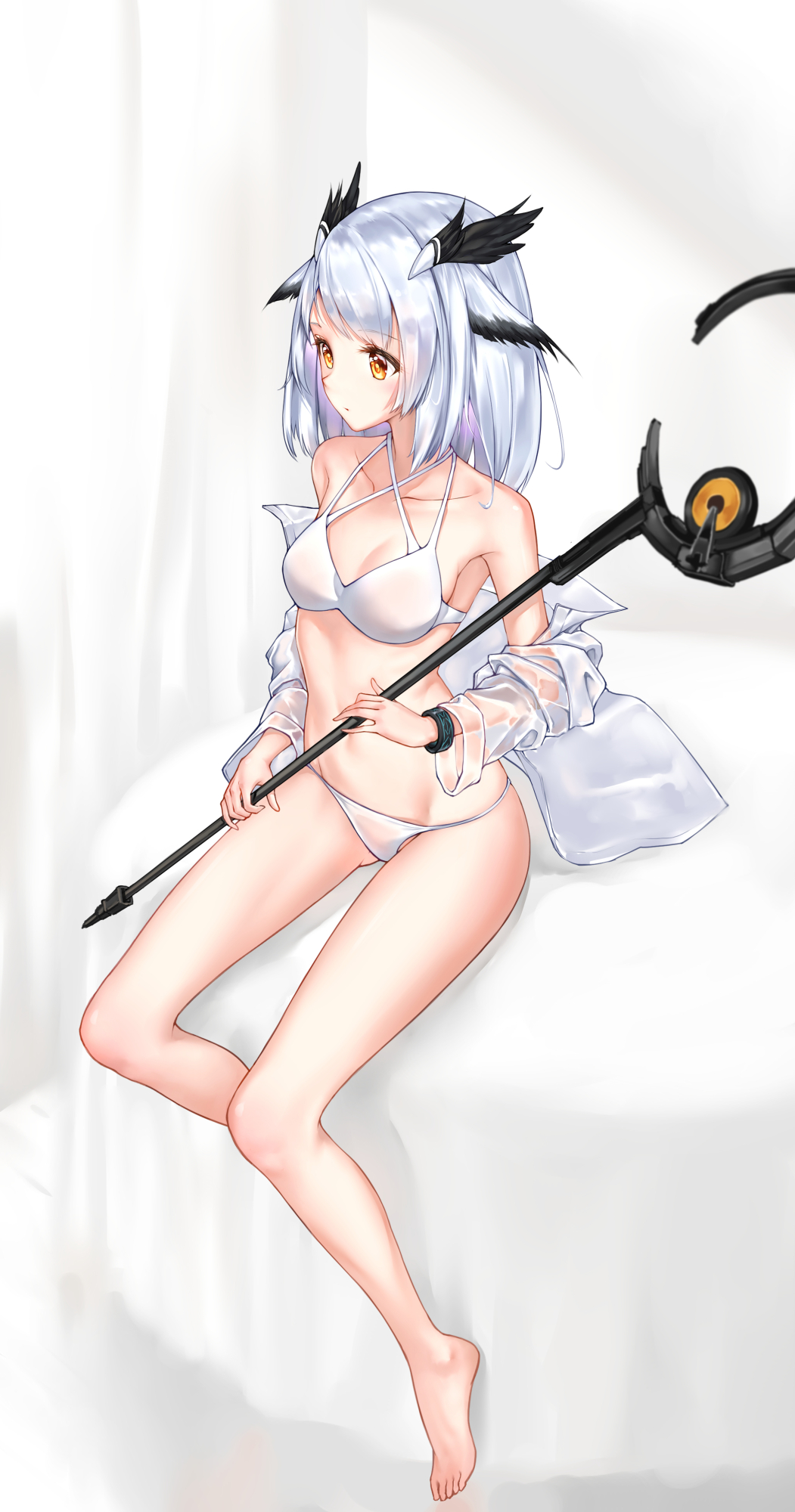 1girl arknights ass_visible_through_thighs bangs bare_legs bare_shoulders barefoot bikini breasts commentary_request criss-cross_halter eyebrows_visible_through_hair halterneck highres holding holding_staff long_sleeves menyou_rouru off_shoulder open_clothes open_shirt partial_commentary pointy_hair ptilopsis_(arknights) revision short_hair silver_hair sitting small_breasts solo staff stomach swimsuit thighs white_bikini yellow_eyes