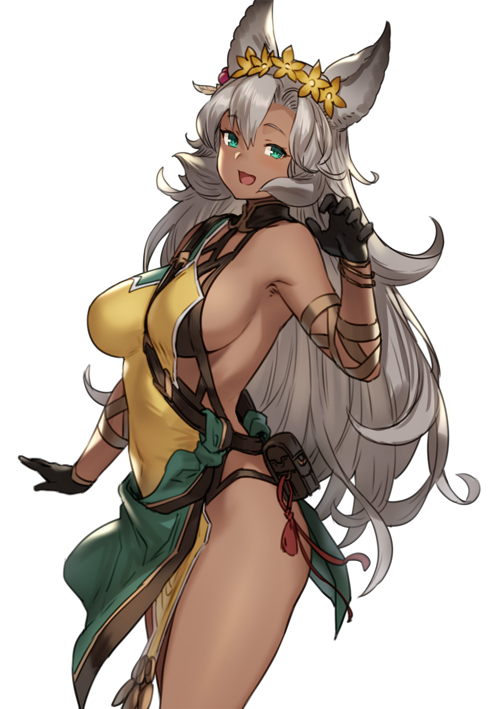 1girl animal_ears black_gloves breasts dark_skin erune gloves granblue_fantasy green_eyes hand_up highres houtengeki long_hair looking_at_viewer medium_breasts nemone open_mouth sideboob silver_hair simple_background smile solo thighs white_background