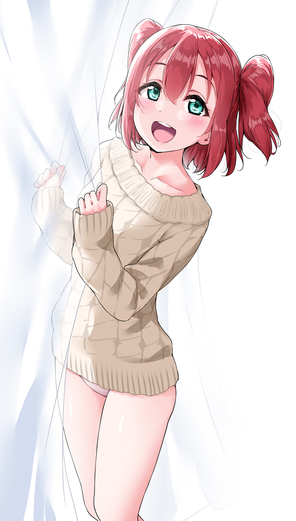 1girl :d bangs bare_legs beige_shirt blush breasts collarbone curtains green_eyes hair_between_eyes highres kurosawa_ruby long_sleeves looking_at_viewer love_live! love_live!_sunshine!! no_pants open_mouth panties pink_panties redhead ribbed_shirt see-through shirt simple_background small_breasts smile solo twintails underwear upper_teeth white_background yopparai_oni