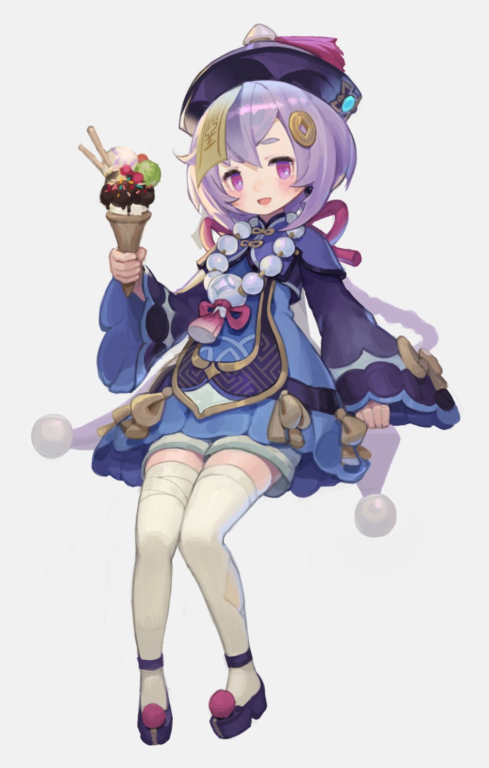 1girl bangs bead_necklace beads braid chinese_clothes dress food full_body genshin_impact grey_background hair_ornament hat highres holding holding_food ice_cream ice_cream_cone jewelry jiangshi long_hair long_sleeves miro85a00 necklace ofuda pom_pom_(clothes) purple_footwear purple_hair purple_headwear qing_guanmao qiqi simple_background solo thigh-highs violet_eyes white_legwear
