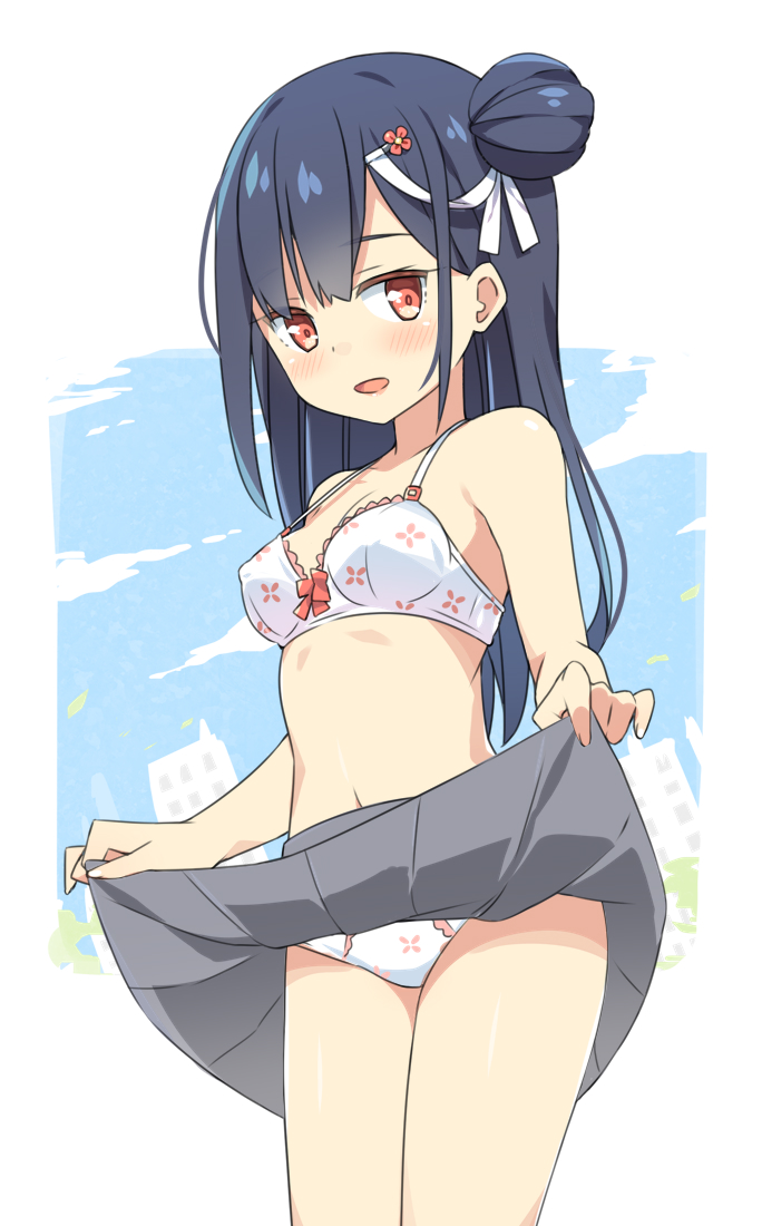 1girl :d bangs bare_arms bare_shoulders black_hair blush bow bow_bra bra breasts day eyebrows_visible_through_hair floral_print flower grey_skirt hair_bun hair_flower hair_ornament hair_ribbon hairclip hatsunatsu long_hair navel open_mouth original panties pleated_skirt print_bra red_eyes red_flower ribbon side_bun skirt skirt_lift small_breasts smile solo standing underwear very_long_hair white_bra white_panties white_ribbon