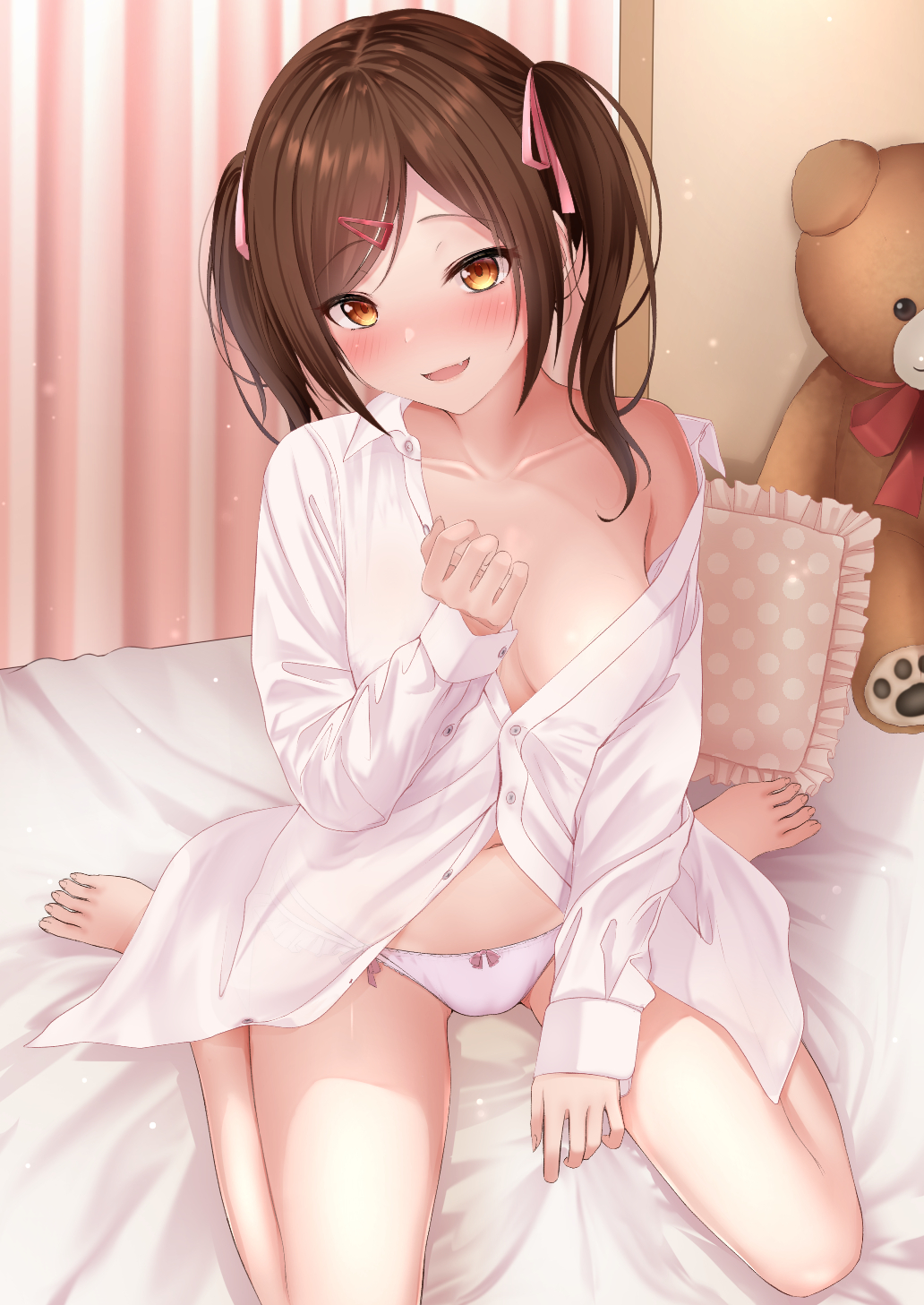 1girl :d bare_shoulders barefoot blush brown_hair collarbone fang hair_ornament hair_ribbon hairclip highres karu_(qqqtyann) long_hair long_sleeves looking_at_viewer no_pants off_shoulder on_bed open_mouth orange_eyes original panties partially_unbuttoned pillow ribbon shirt sidelocks sitting smile solo stuffed_animal stuffed_toy teddy_bear thighs twintails underwear wariza white_panties white_shirt