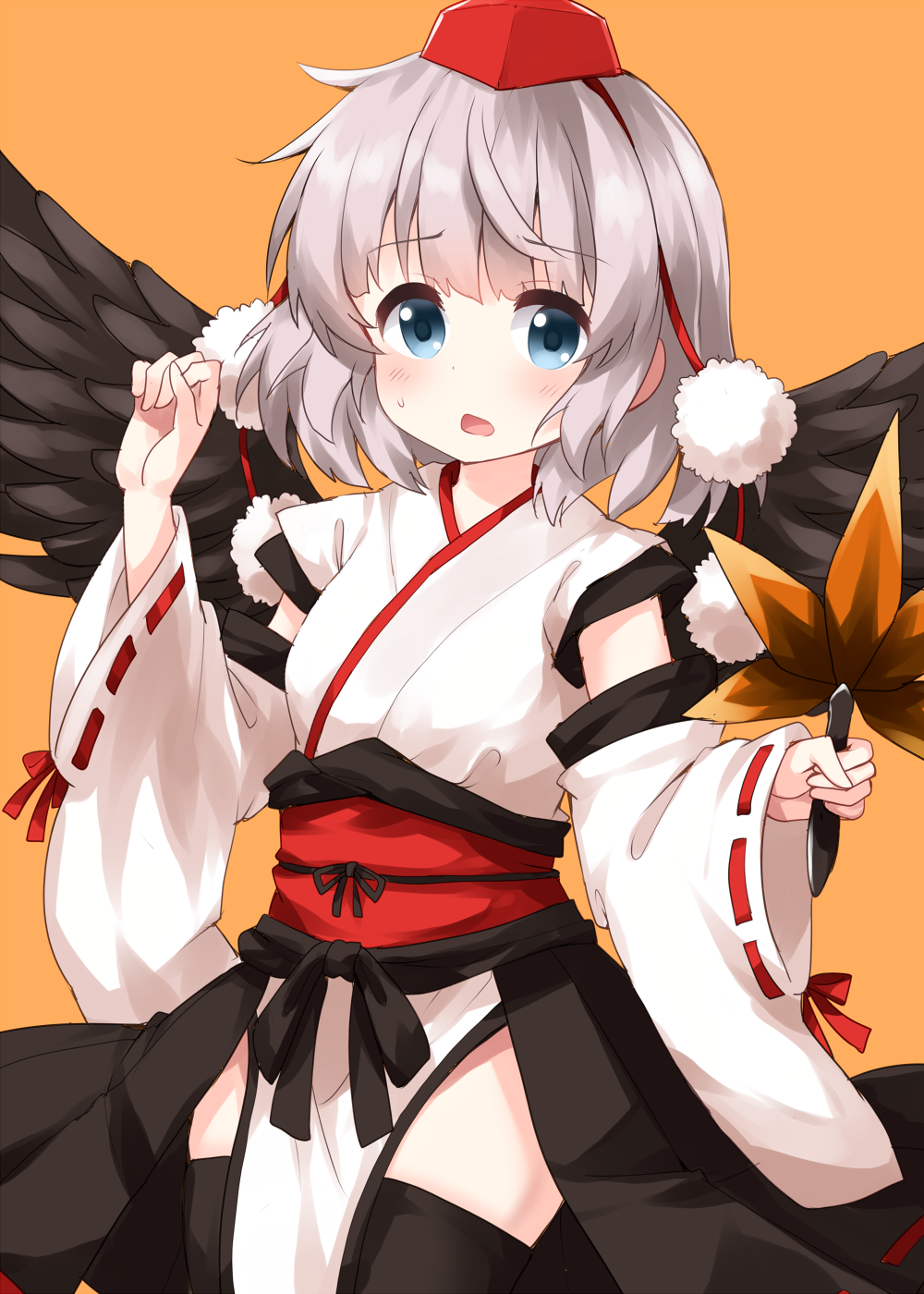 1girl bangs bird_wings black_feathers black_legwear black_wings blue_eyes cosplay detached_sleeves eyebrows_visible_through_hair fan feathered_wings hat hauchiwa highres holding holding_fan konpaku_youmu kourindou_tengu_costume leaf leaf-pattern_stripe leaf_fan looking_at_viewer maple_leaf medium_hair open_mouth orange_background pom_pom_(clothes) red_headwear red_ribbon red_sash ribbon ribbon-trimmed_sleeves ribbon_trim ruu_(tksymkw) sash shameimaru_aya shameimaru_aya_(cosplay) silver_hair simple_background solo standing sweat tokin_hat touhou wide_sleeves wings