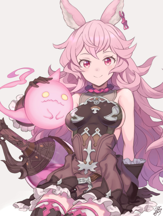 1girl alternate_color alternate_eye_color alternate_hair_color animal_ears backless_dress backless_outfit bare_shoulders blush botamochi_(exwelder) breasts dress earrings erune ferry_(granblue_fantasy) granblue_fantasy jewelry long_hair medium_breasts pink_eyes pink_hair smile solo thigh-highs very_long_hair wavy_hair zettai_ryouiki