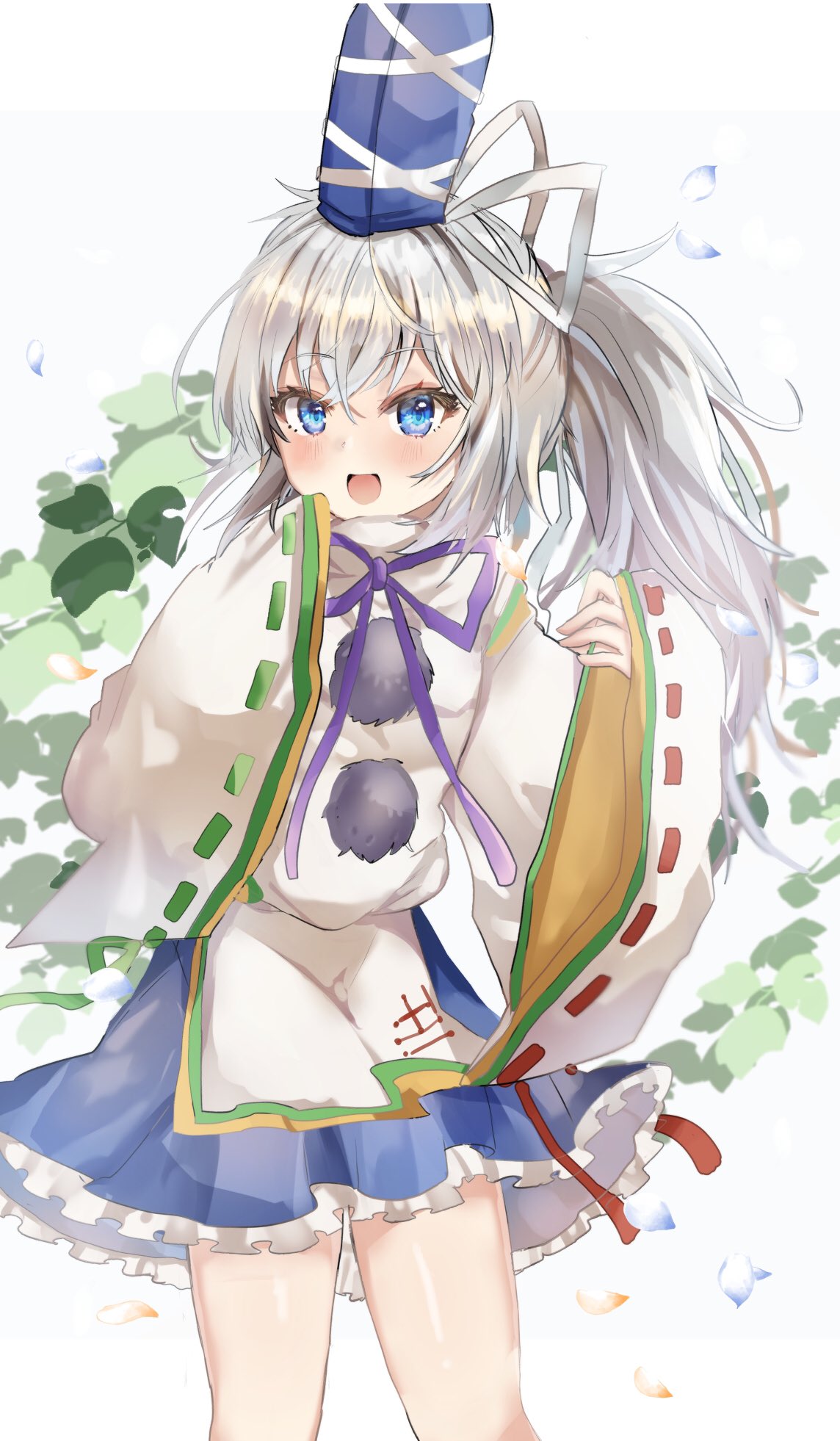1girl blue_eyes blue_headwear blue_skirt blush eyebrows_visible_through_hair feet_out_of_frame flat_chest floral_background green_ribbon hair_between_eyes hat highres japanese_clothes kariginu long_hair looking_at_viewer maruro mononobe_no_futo open_mouth petals pom_pom_(clothes) ponytail purple_neckwear purple_ribbon red_ribbon ribbon ribbon-trimmed_sleeves ribbon_trim shirt silver_hair simple_background skirt solo standing tate_eboshi touhou white_background white_ribbon white_shirt wide_sleeves