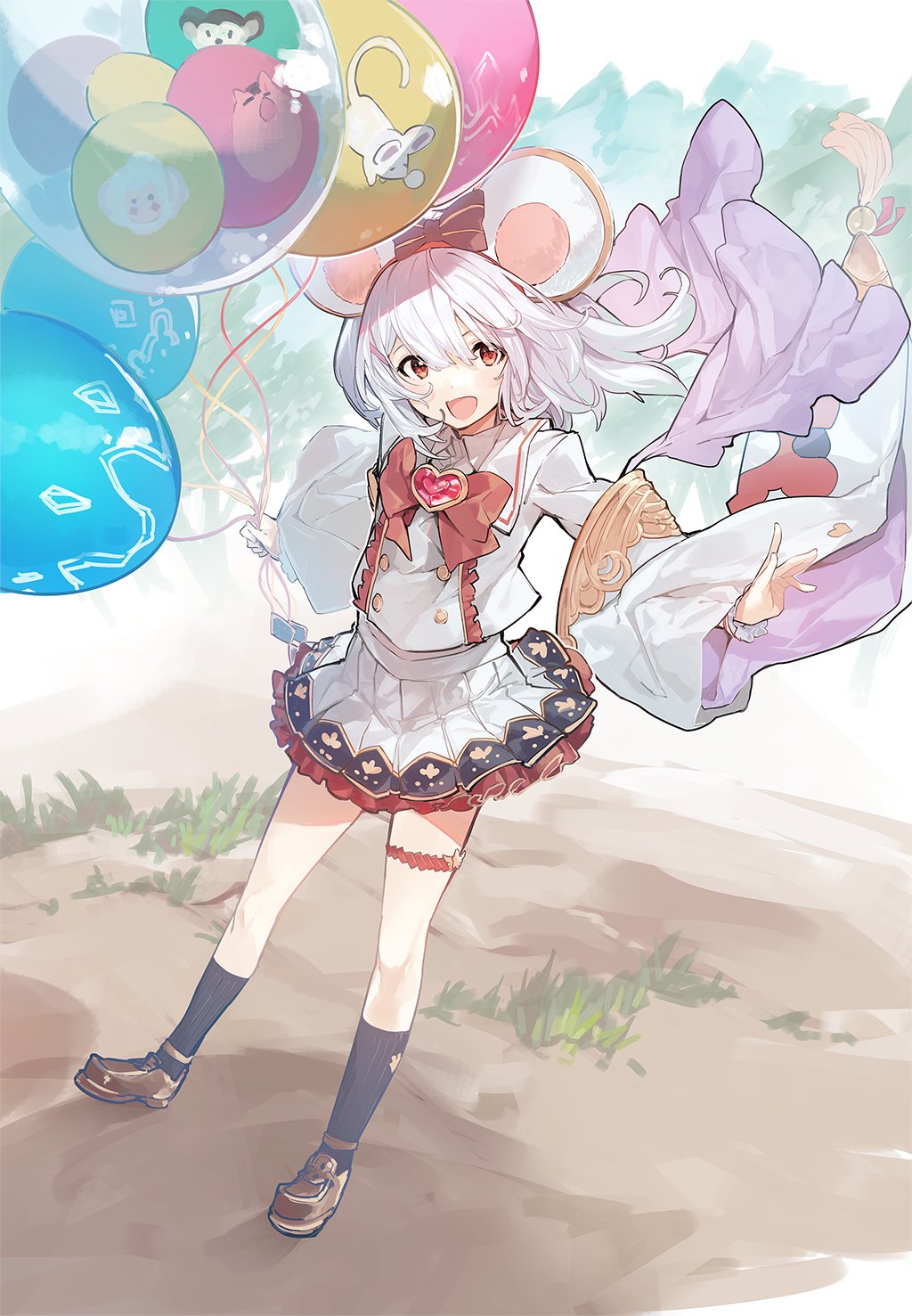 1girl animal_ears balloon bow fake_animal_ears granblue_fantasy hairband highres red_eyes sawayaka_samehada skirt smile thigh_strap vikala_(granblue_fantasy) white_hair wide_sleeves