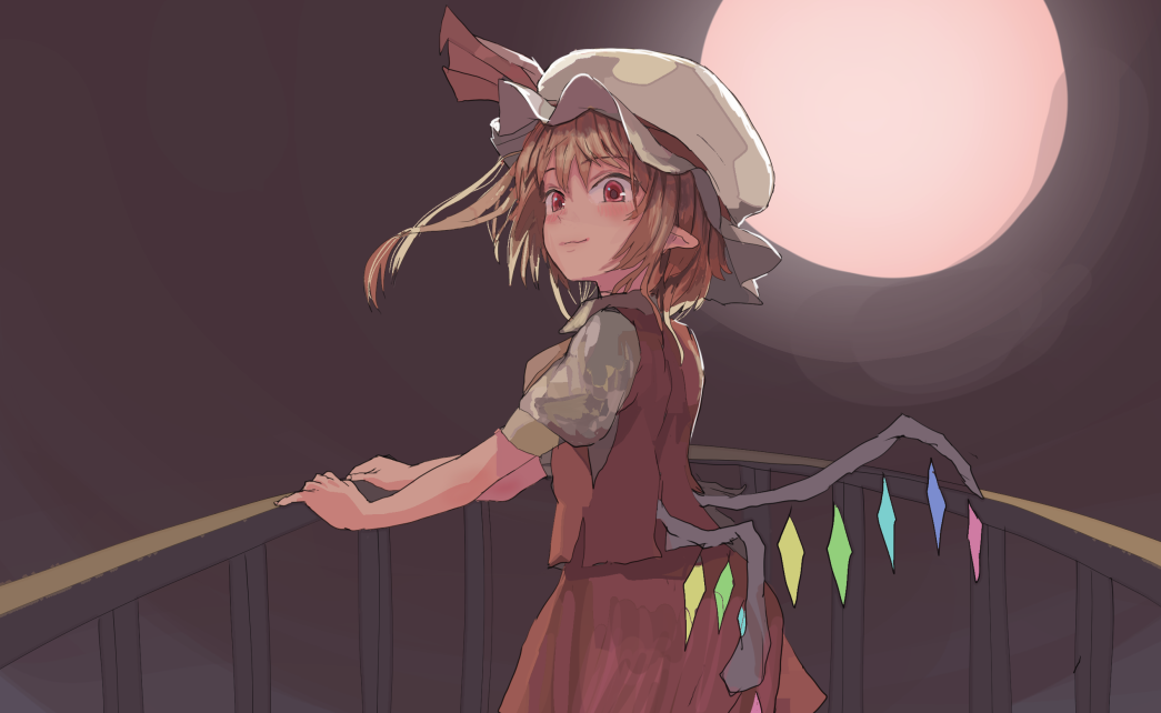 1girl 3735geriragouki ascot blonde_hair blush closed_mouth commentary_request crystal eyebrows_visible_through_hair fence flandre_scarlet full_moon hat hat_ribbon holding_railing looking_ahead mob_cap moon night night_sky one_side_up pointy_ears puffy_short_sleeves puffy_sleeves red_eyes red_ribbon red_skirt red_vest ribbon shirt short_hair short_sleeves skirt sky smile solo standing touhou vest white_headwear white_shirt wings yellow_neckwear