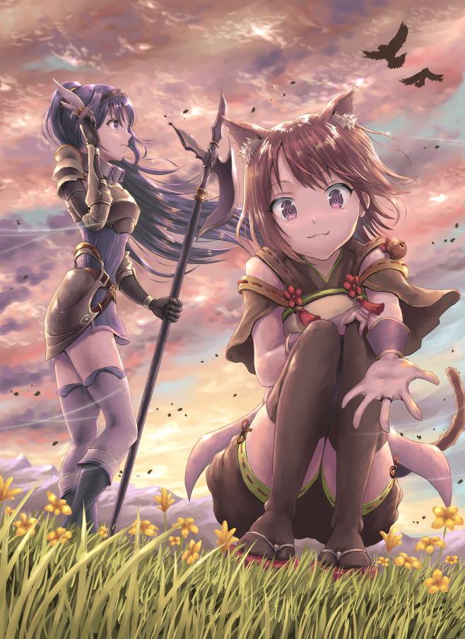 2girls :3 \||/ animal_ear_fluff animal_ears armor armored_dress bangs bell bird black_footwear brown_hair brown_legwear brown_shorts clouds cloudy_sky commentary detached_sleeves dress eyebrows_visible_through_hair flower full_body gauntlets grass halberd hand_on_own_knee headband hirokazu_(analysis-depth) holding holding_spear holding_weapon jewelry kneeling long_hair looking_at_viewer mifuyu_(princess_connect!) mountainous_horizon multiple_girls outdoors outstretched_hand polearm ponytail princess_connect! princess_connect!_re:dive purple_dress purple_hair purple_legwear reaching_out red_eyes red_footwear red_ribbon ribbon ring sandals short_hair short_shorts short_sleeves shorts sky smile spear standing tail tamaki_(princess_connect!) thigh-highs violet_eyes weapon wide_sleeves wind