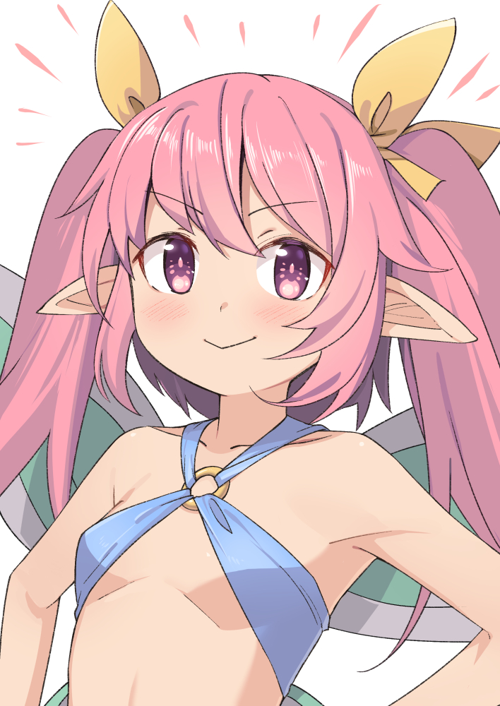 1girl bangs bare_arms bare_shoulders blush breasts collarbone eyebrows_visible_through_hair fairy fairy_wings hair_ribbon long_hair looking_at_viewer o-ring o-ring_top pink_eyes pink_hair pointy_ears rabi-ribi ribbon ribbon_(rabi-ribi) saiste simple_background small_breasts smile solo twintails upper_body white_background wings yellow_ribbon