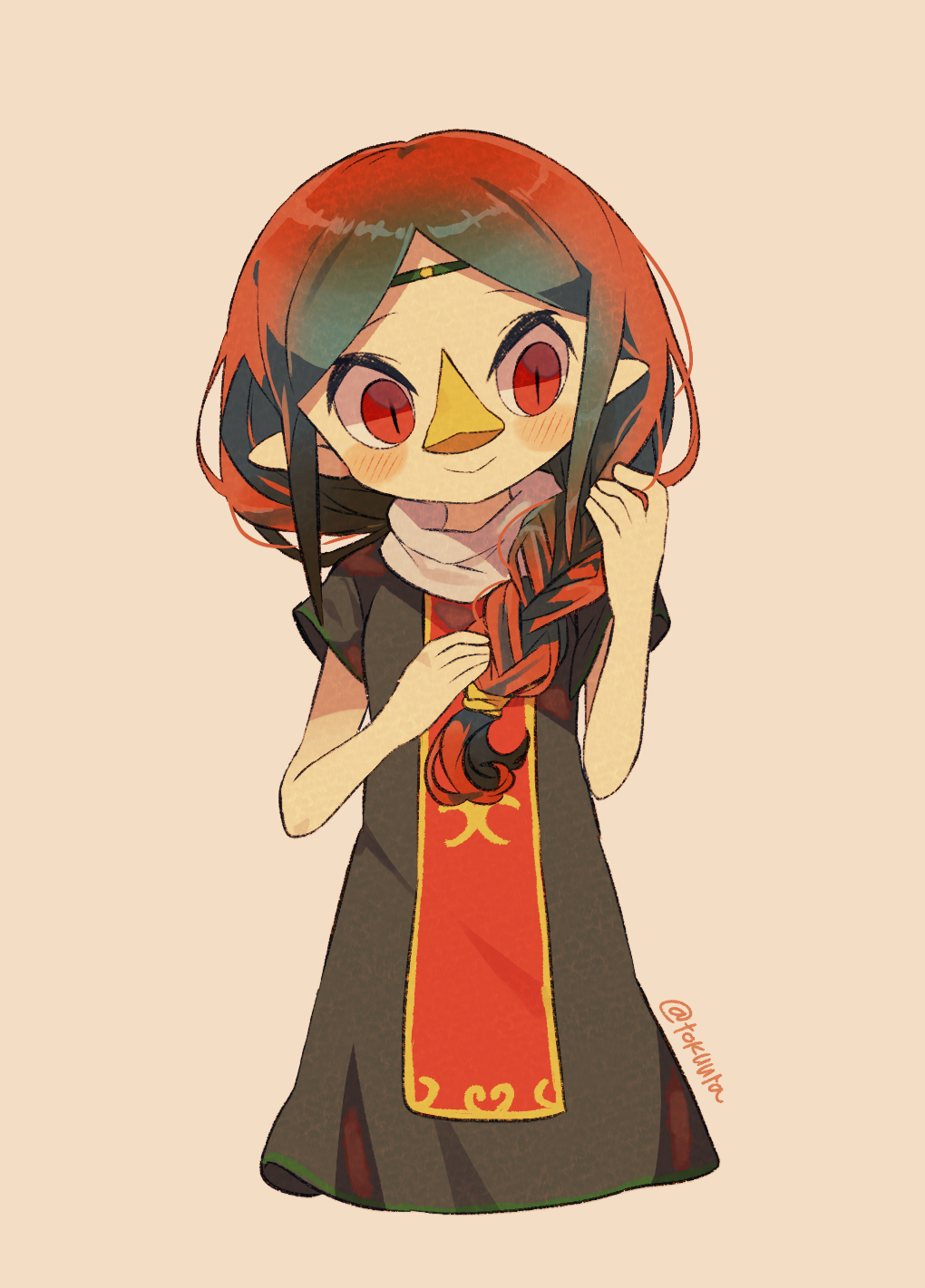 1girl artist_name beak blush braid brown_hair closed_mouth commentary_request dress eyelashes hair_over_shoulder head_tilt headband highres holding holding_hair long_hair medli multicolored_hair pointy_ears red_eyes short_sleeves sideways_glance smile solo the_legend_of_zelda the_legend_of_zelda:_the_wind_waker tokuura watermark