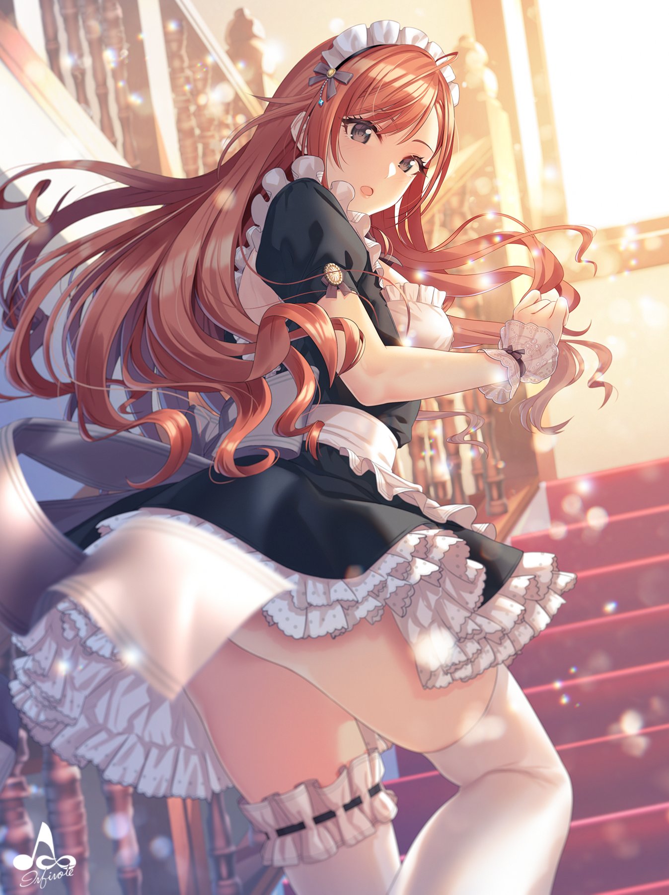 1girl apron brown_eyes brown_hair commentary_request copyright_request frilled_skirt frills highres infinote light_particles long_hair looking_back maid maid_apron railing signature skirt solo stairs thigh_strap white_legwear window