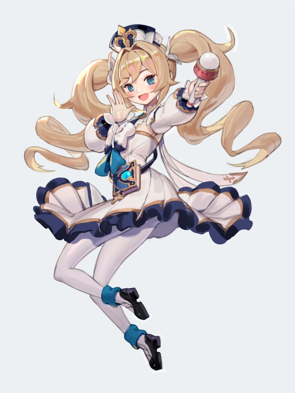 1girl bangs barbara_(genshin_impact) blonde_hair blue_eyes book dress drill_hair eyebrows_visible_through_hair frilled_dress frills full_body genshin_impact grey_background hat highres holding holding_microphone long_hair long_sleeves microphone miro85a00 open_mouth pantyhose sidelocks simple_background solo twin_drills twintails vision_(genshin_impact) white_dress white_legwear
