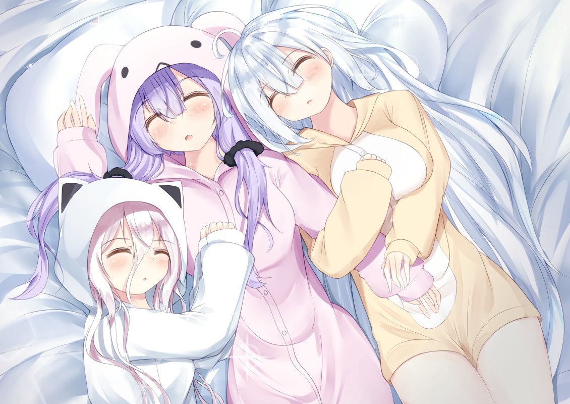 3girls ahoge animal_hood aties20 bed breasts bunny_hood closed_eyes commentary hand_on_another's_chest holding_another's_arm hood ia_(vocaloid) kizuna_akari light_blush long_hair medium_breasts multiple_girls pajamas parted_lips pillow pink_hair pink_pajamas purple_hair silver_hair sleeping vocaloid voiceroid white_pajamas yellow_pajamas yuzuki_yukari