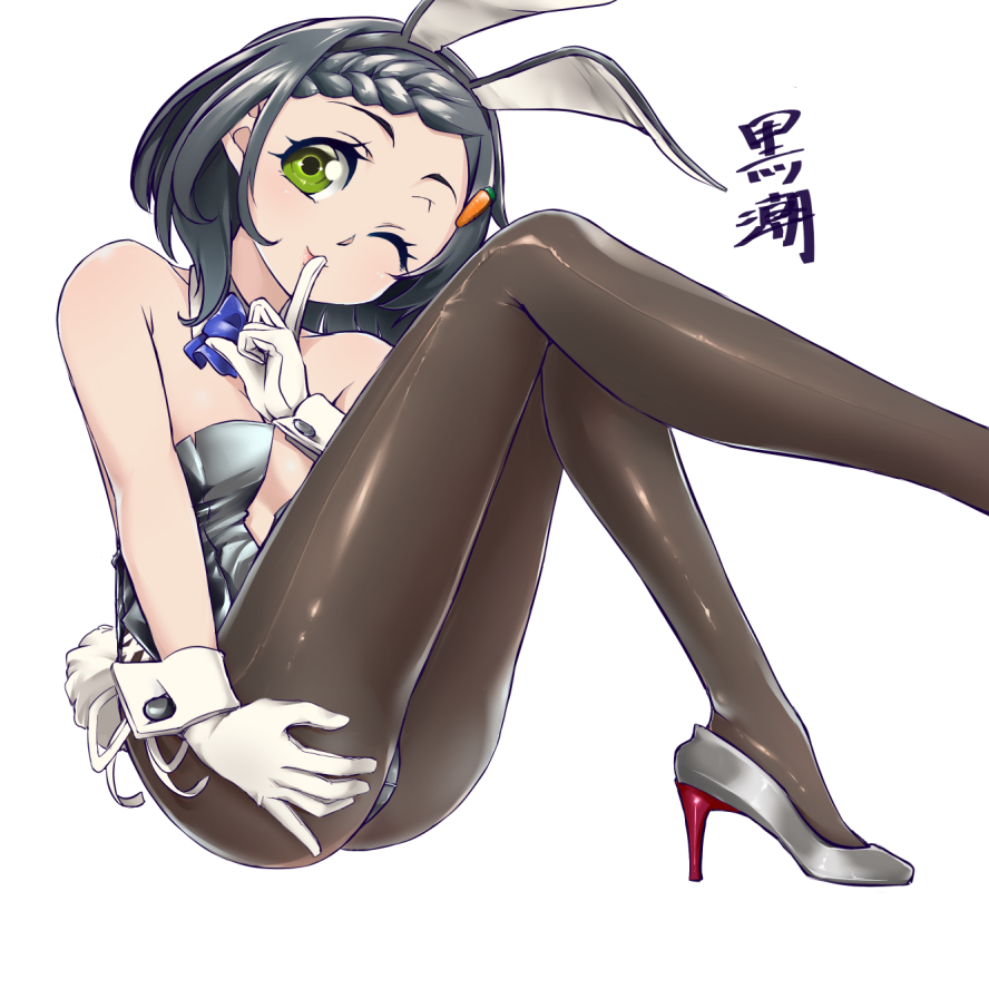 1girl animal_ears black_hair black_legwear blue_neckwear bow bowtie braid braided_bangs breasts bunny_tail character_name detached_collar fake_animal_ears finger_to_mouth full_body gloves green_eyes hair_ornament hairclip high_heels index_finger_raised kantai_collection kuroshio_(kantai_collection) leotard looking_at_viewer medium_breasts one_eye_closed pantyhose playboy_bunny rabbit_ears short_hair silver_footwear silver_leotard simple_background smile solo strapless strapless_leotard tail uzuki_kosuke white_background white_gloves wrist_cuffs