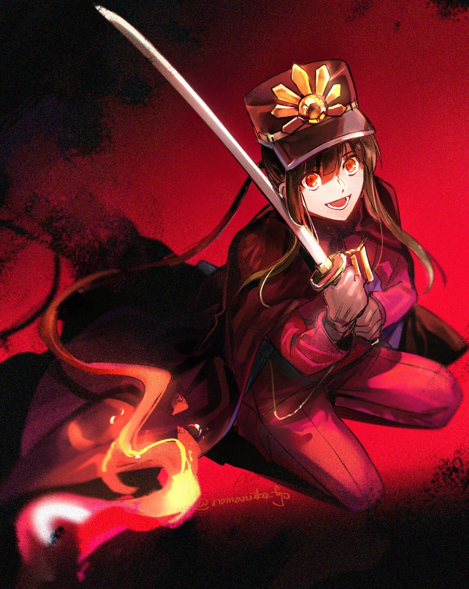 1boy aki_(neyuki41028) bangs black_cape black_hair brown_hair cape fate/grand_order fate_(series) gloves hat katana kneeling long_hair long_sleeves looking_at_viewer male_focus military military_uniform oda_nobukatsu_(fate/grand_order) over_shoulder pants peaked_cap ponytail red_eyes red_pants sidelocks smile solo sword uniform weapon weapon_over_shoulder