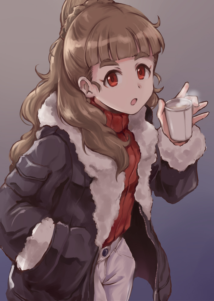 1girl bangs black_coat blunt_bangs braid braided_bun breasts brown_hair coat cup fur_trim hair_bun hand_in_pocket holding holding_cup idolmaster idolmaster_cinderella_girls kamiya_nao long_hair long_sleeves looking_at_viewer medium_breasts open_clothes open_coat open_mouth pants red_eyes red_sweater satomura_kyou solo sweater thick_eyebrows turtleneck turtleneck_sweater upper_body white_pants