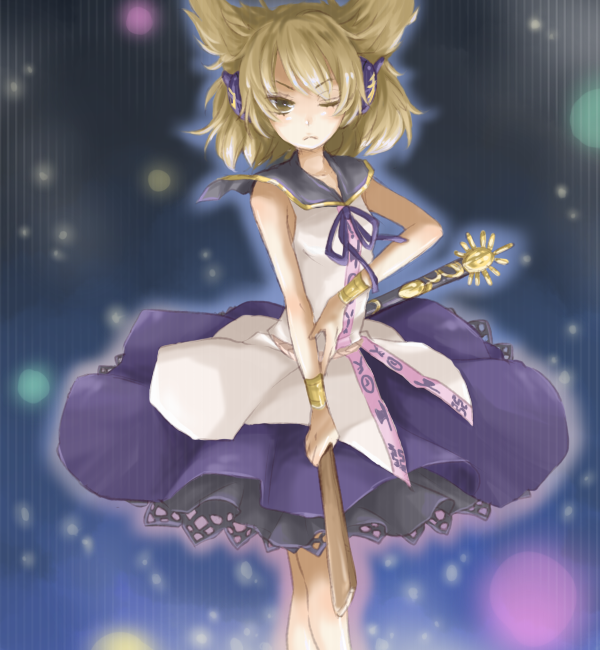 1girl ;( blonde_hair bracelet breasts commentary_request danmaku dark_background doku_(ka022k) dress earmuffs eyebrows_visible_through_hair feet_out_of_frame gold_trim gradient gradient_background hair_between_eyes holding holding_stick jewelry one_eye_closed pointy_hair poncho purple_neckwear purple_ribbon ribbon ritual_baton sleeveless sleeveless_dress small_breasts solo standing stick striped sword touhou toyosatomimi_no_miko tsurime vertical_stripes weapon white_dress yellow_eyes