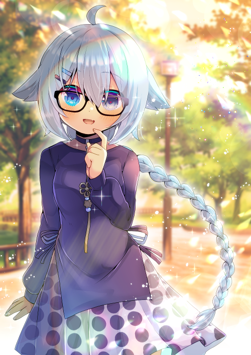 1girl :d ahoge bangs black-framed_eyewear blue_dress blue_eyes blurry blurry_background blush braid breasts commentary_request day depth_of_field dress eyebrows_visible_through_hair fang finger_to_mouth glasses hair_between_eyes hair_flaps hair_ornament hairclip hand_up heterochromia kouu_hiyoyo long_hair long_sleeves open_mouth original outdoors pleated_skirt polka_dot_skirt puffy_long_sleeves puffy_sleeves silver_hair single_braid skirt sleeves_past_wrists small_breasts smile solo very_long_hair violet_eyes white_skirt