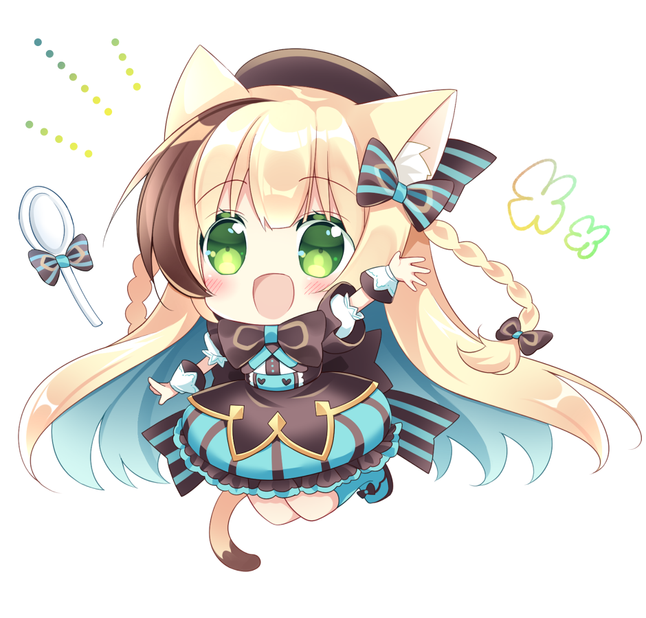 1girl :d animal_ear_fluff animal_ears arm_up bangs beret black_bow blonde_hair blue_footwear blue_hair blue_legwear blue_skirt blush bow braid breasts brown_hair brown_headwear cat_ears cat_girl cat_tail chibi commentary_request eyebrows_visible_through_hair food frilled_skirt frills full_body green_eyes hair_between_eyes hat kneehighs long_hair looking_at_viewer medium_breasts multicolored_hair open_mouth original puffy_short_sleeves puffy_sleeves shikito shirt shoes short_sleeves simple_background skirt smile solo spoon streaked_hair striped tail twin_braids two-tone_hair vertical-striped_skirt vertical_stripes very_long_hair white_background white_shirt wrist_cuffs
