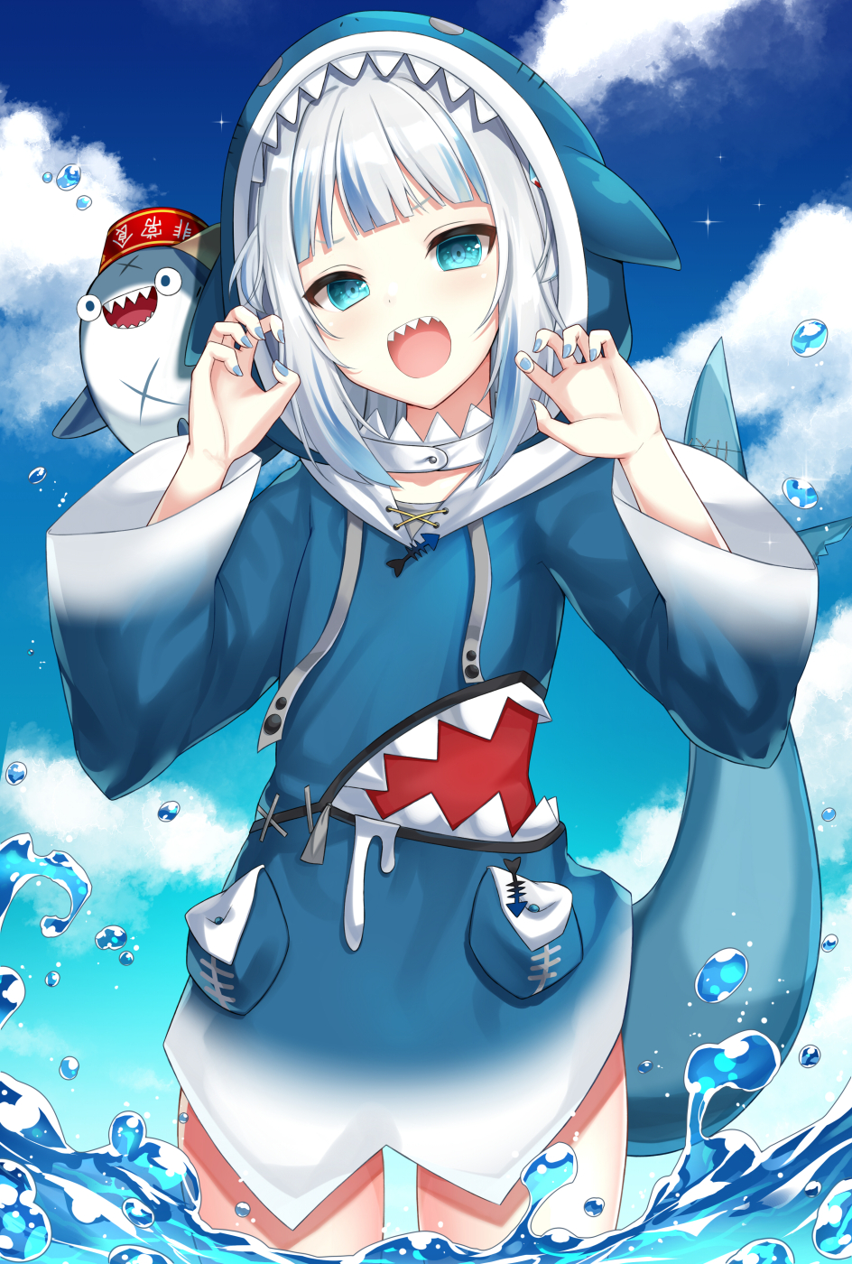 1girl animal_hood aqua_eyes bangs bloop_(gawr_gura) blue_eyes blue_hair blue_hoodie blue_sky blunt_bangs blush clouds cloudy_sky commentary_request day fish_tail gawr_gura hair_ornament highres hololive hololive_english hood hood_up hoodie long_hair long_sleeves looking_at_viewer multicolored_hair nail_polish ocean open_mouth outdoors shark_hood shark_tail sharp_teeth sky smile solo standing streaked_hair tail tasuku_(user_fkzv3343) teeth virtual_youtuber wading water white_hair