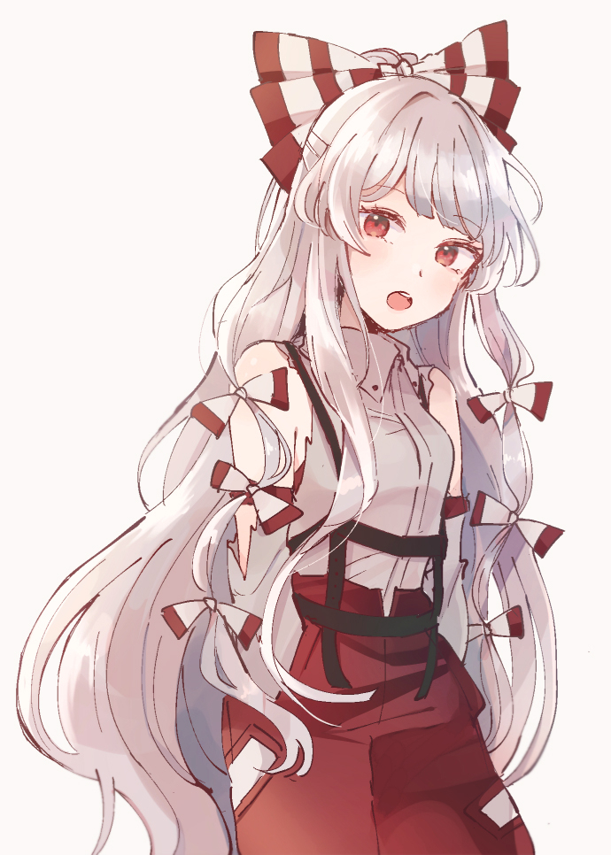 1girl :o bangs bare_shoulders bow breasts commentary_request cowboy_shot eyebrows_visible_through_hair fujiwara_no_mokou grey_shirt hair_bow long_hair looking_at_viewer mozukuzu_(manukedori) ofuda_on_clothes open_mouth pants red_bow red_eyes red_pants shirt simple_background sleeveless sleeveless_shirt small_breasts solo standing suspenders torn_clothes touhou two-tone_bow very_long_hair white_background white_bow white_hair