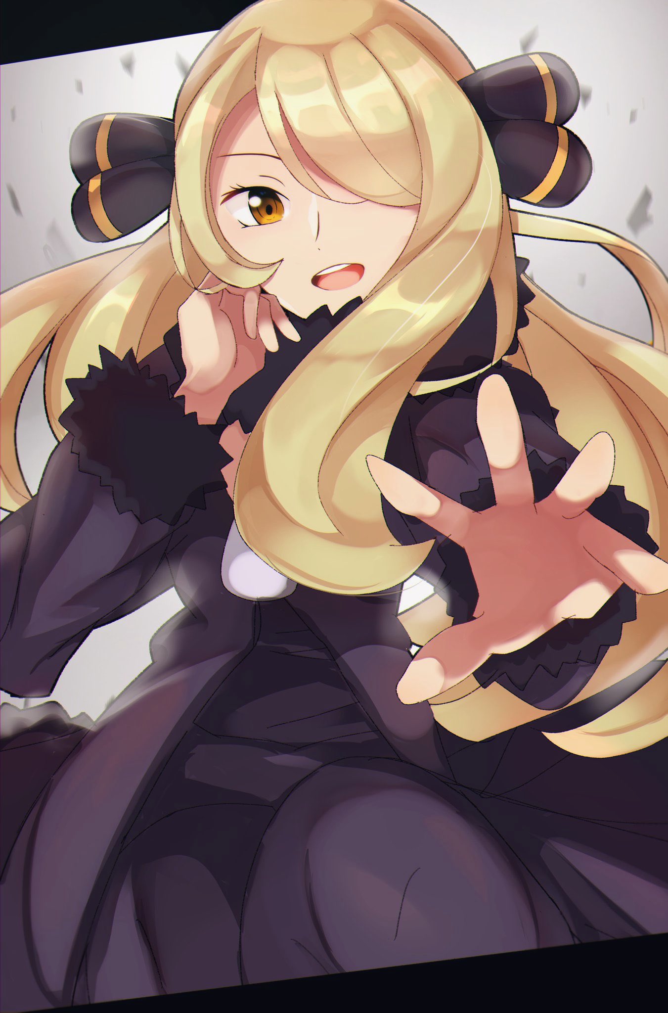 1girl bangs black_coat black_pants blonde_hair brown_eyes coat commentary_request cynthia_(pokemon) eyelashes floating_hair fur-trimmed_coat fur_trim hair_ornament hair_over_one_eye highres long_hair long_sleeves looking_at_viewer open_mouth outstretched_hand pants pokemon pokemon_(game) pokemon_dppt smile solo spread_fingers teeth tongue umiru