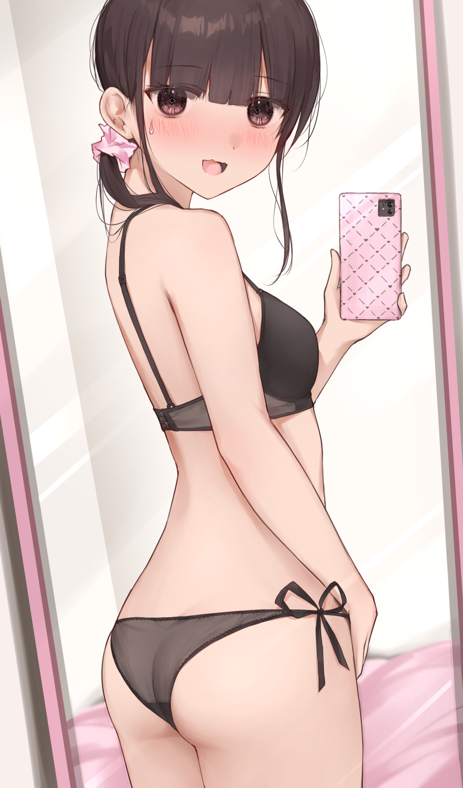 1girl :d ass bangs bare_arms bare_shoulders black_bra black_hair black_panties blush bra brown_eyes cellphone commentary_request eyebrows_visible_through_hair hair_ornament hair_over_shoulder hair_scrunchie hand_up highres holding holding_phone kanju long_hair looking_at_viewer looking_back low_ponytail mirror open_mouth original panties phone pink_scrunchie ponytail reflection scrunchie self_shot side-tie_panties smile solo sweat underwear underwear_only