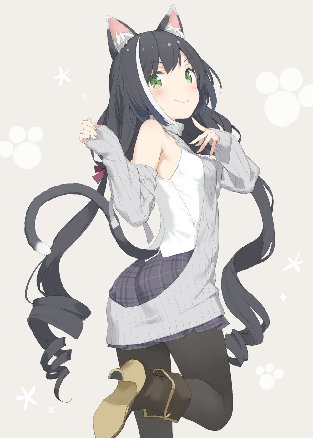 1girl animal_ear_fluff animal_ears ass backless_outfit bare_shoulders black_footwear black_hair black_legwear blush boots breasts cat_ears cat_girl cat_tail closed_mouth commentary_request detached_sleeves green_eyes grey_background grey_skirt grey_sleeves hands_up high_heel_boots high_heels highres kani_biimu karyl_(princess_connect!) long_hair long_sleeves looking_at_viewer looking_back low_twintails meme_attire multicolored_hair pantyhose plaid plaid_skirt pleated_skirt princess_connect! princess_connect!_re:dive ringlets shirt shoe_soles skirt sleeveless sleeveless_shirt sleeves_past_wrists small_breasts smile solo standing standing_on_one_leg streaked_hair tail twintails very_long_hair virgin_killer_sweater white_hair white_shirt