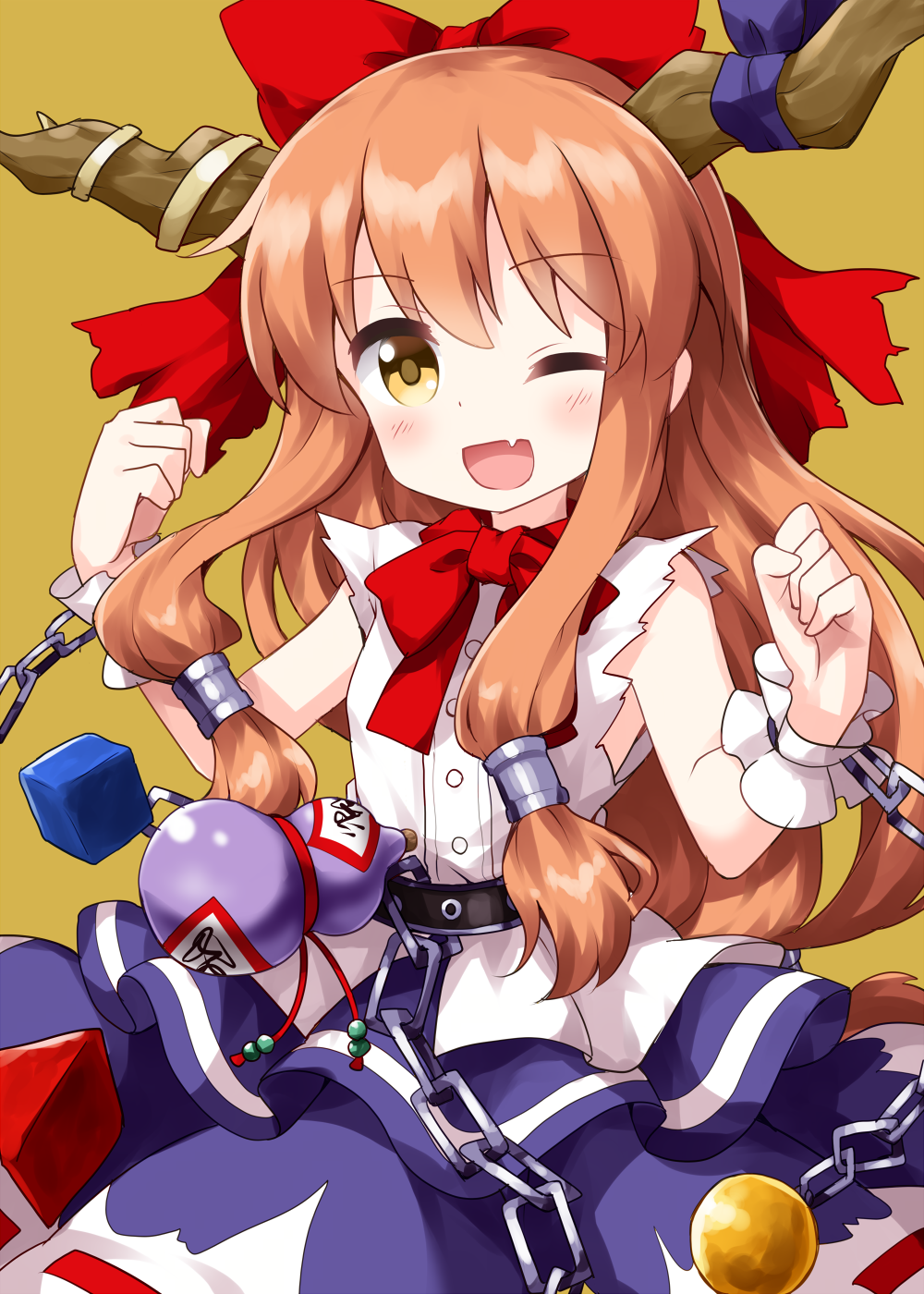 1girl bangs bow bowtie cuffs eyebrows_visible_through_hair fang hair_ribbon highres horn_ornament horn_ribbon horns ibuki_suika long_hair looking_at_viewer metal_belt one_eye_closed oni_horns open_mouth orange_hair purple_neckwear purple_ribbon red_bow red_neckwear red_ribbon ribbon ribbon-trimmed_skirt ribbon_trim ruu_(tksymkw) shackles shirt simple_background smile solo standing torn_clothes torn_sleeves touhou very_long_hair white_shirt wrist_cuffs yellow_background yellow_eyes