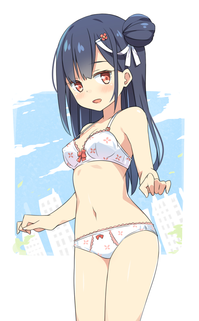 1girl :d bangs bare_arms bare_shoulders black_hair blush bow bow_bra bow_panties bra breasts day eyebrows_visible_through_hair floral_print flower hair_bun hair_flower hair_ornament hair_ribbon hairclip hatsunatsu long_hair navel open_mouth original panties print_bra red_eyes red_flower ribbon side_bun small_breasts smile solo standing underwear underwear_only very_long_hair white_bra white_panties white_ribbon