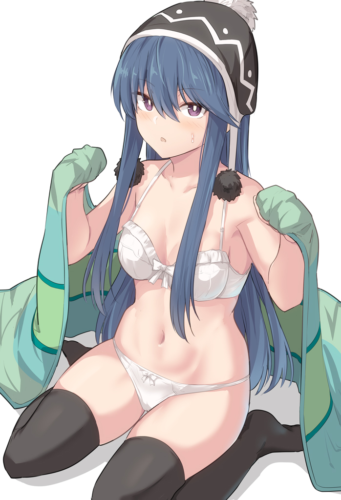 1girl bangs bare_shoulders beanie black_legwear blanket blue_hair blush bra breasts collarbone hat long_hair looking_at_viewer navel open_mouth panties shima_rin shiseki_hirame sidelocks simple_background sitting small_breasts thigh-highs thighs underwear violet_eyes wariza white_background white_bra white_panties yurucamp