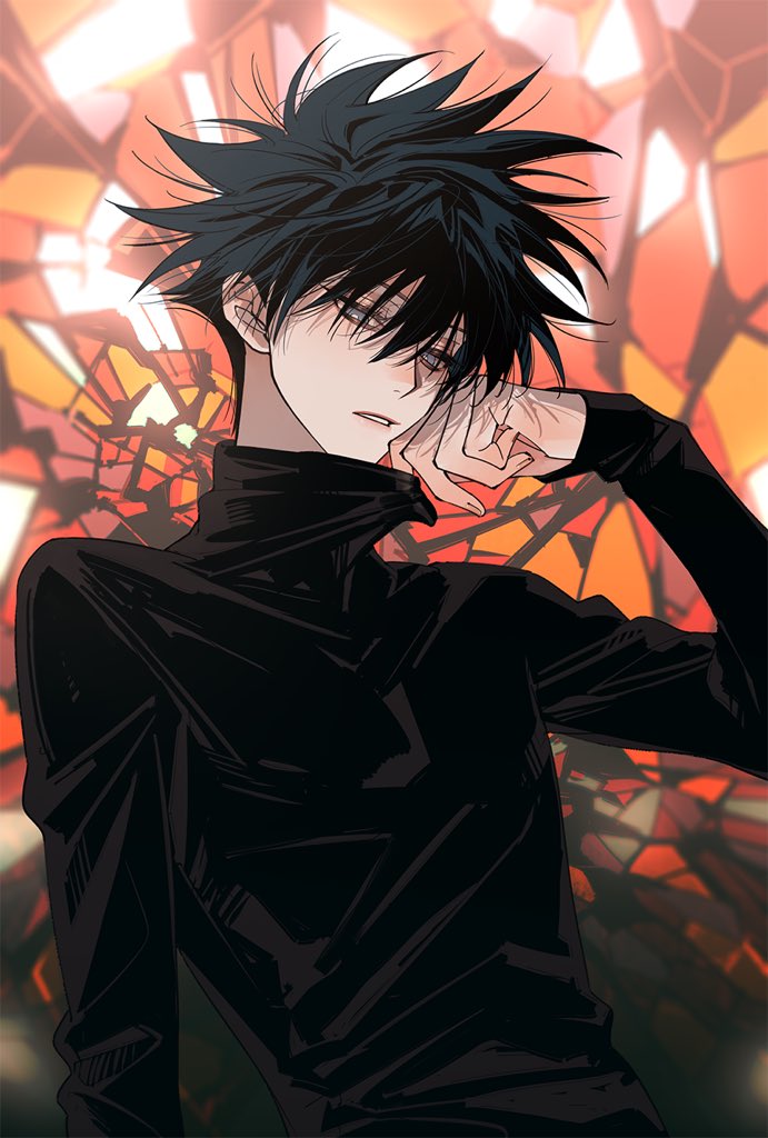 1boy bangs black_hair black_shirt blue_eyes fushiguro_megumi hair_between_eyes hand_up jujutsu_kaisen long_sleeves looking_down male_focus mayer shirt short_hair solo spiky_hair stained_glass tsurime turtleneck upper_body