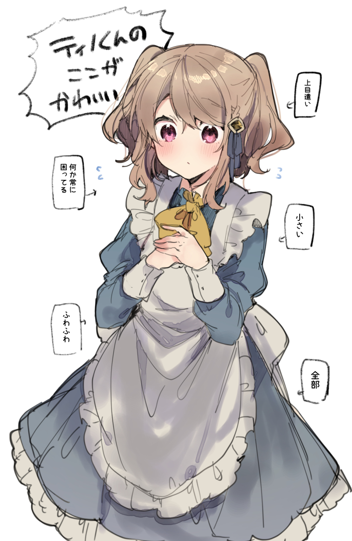 1girl apron blue_dress blush bow bowtie brown_hair closed_mouth dress flying_sweatdrops hair_over_one_eye hands_up ikeuchi_tanuma juliet_sleeves long_sleeves maid maid_apron medium_hair original pink_eyes puffy_sleeves solo translation_request twintails white_apron yellow_bow yellow_neckwear
