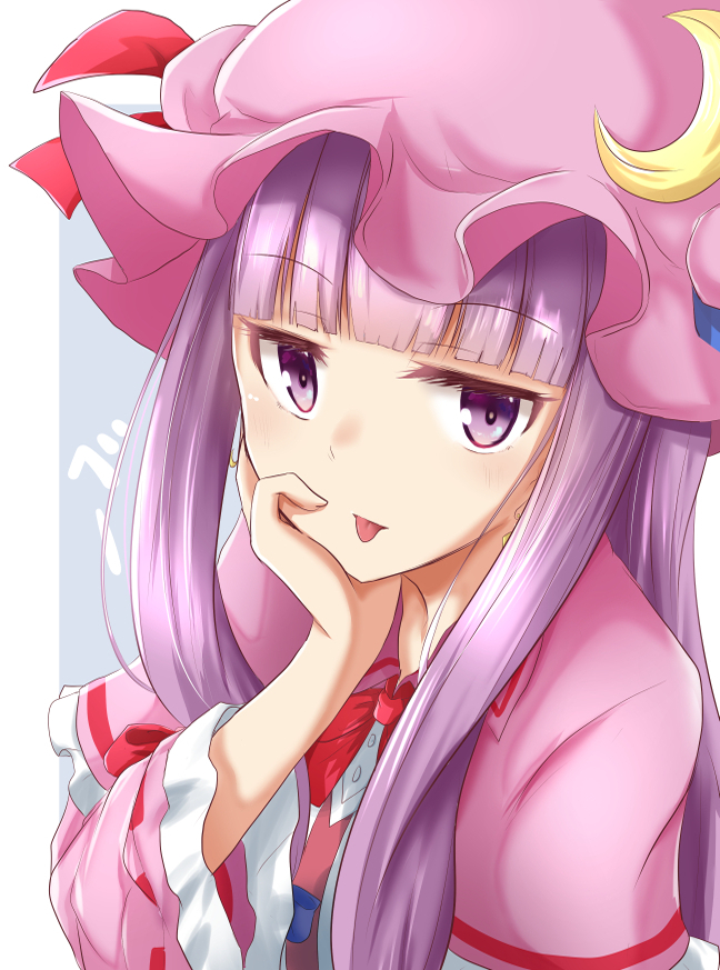 1girl bangs blue_bow blue_ribbon blunt_bangs bow bowtie commentary_request crescent crescent_moon_pin eyebrows_visible_through_hair hair_bow hand_on_own_chin hat hat_ribbon long_hair looking_at_viewer mob_cap patchouli_knowledge purple_hair ram_hachimin red_bow red_neckwear red_ribbon ribbon simple_background solo tongue tongue_out touhou upper_body violet_eyes wide_sleeves
