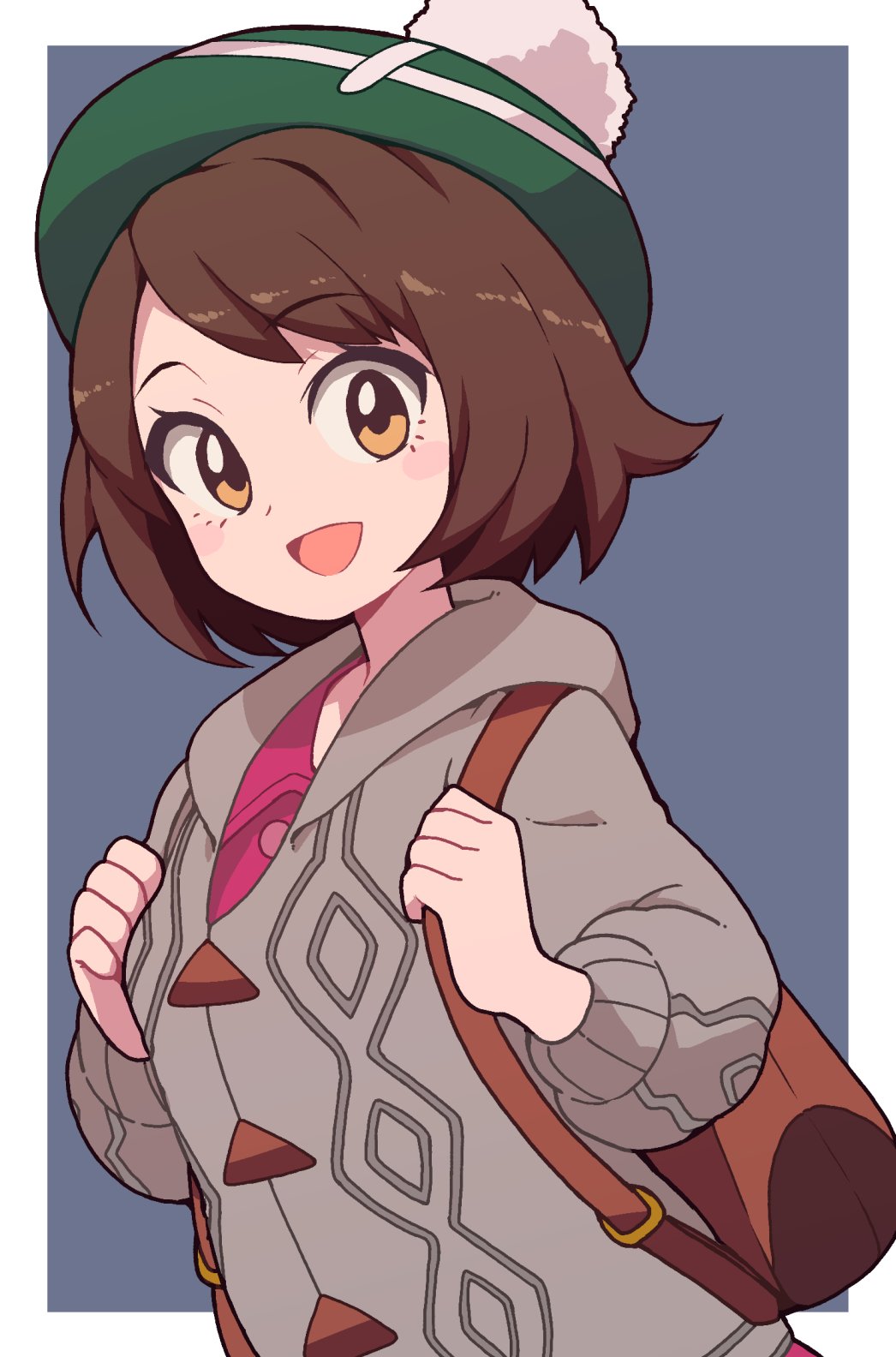 1girl backpack bag blush brown_eyes brown_hair eyebrows_visible_through_hair gloria_(pokemon) hat highres looking_at_viewer nazonazo_(nazonazot) open_mouth pokemon pokemon_(game) pokemon_swsh short_hair smile solo tam_o'_shanter