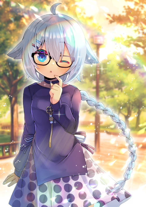 1girl ;o ahoge bangs black-framed_eyewear blue_dress blue_eyes blurry blurry_background blush braid breasts day depth_of_field dress eyebrows_visible_through_hair finger_to_mouth glasses hair_between_eyes hair_flaps hair_ornament hairclip hand_up kouu_hiyoyo long_hair long_sleeves one_eye_closed original outdoors parted_lips pleated_skirt polka_dot_skirt puffy_long_sleeves puffy_sleeves silver_hair single_braid skirt sleeves_past_wrists small_breasts solo very_long_hair white_skirt