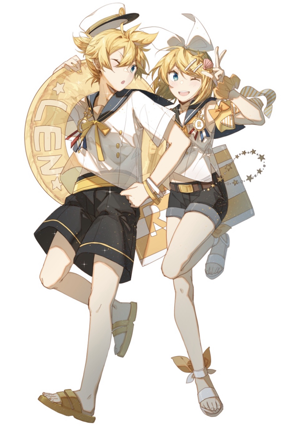 1boy 1girl adapted_costume anchor_symbol badge bare_legs belt black_shorts blonde_hair blue_eyes full_body hair_ornament hairband hairclip hat hhhhhoi highres inflatable_toy innertube kagamine_len kagamine_rin leg_up looking_at_viewer matching_outfits midriff_peek one_eye_closed sailor_collar sailor_hat sandals seashell_hair_ornament shirt short_hair short_shorts shorts siblings simple_background smile starfish_hair_ornament striped twins vocaloid waving white_background white_footwear white_shirt