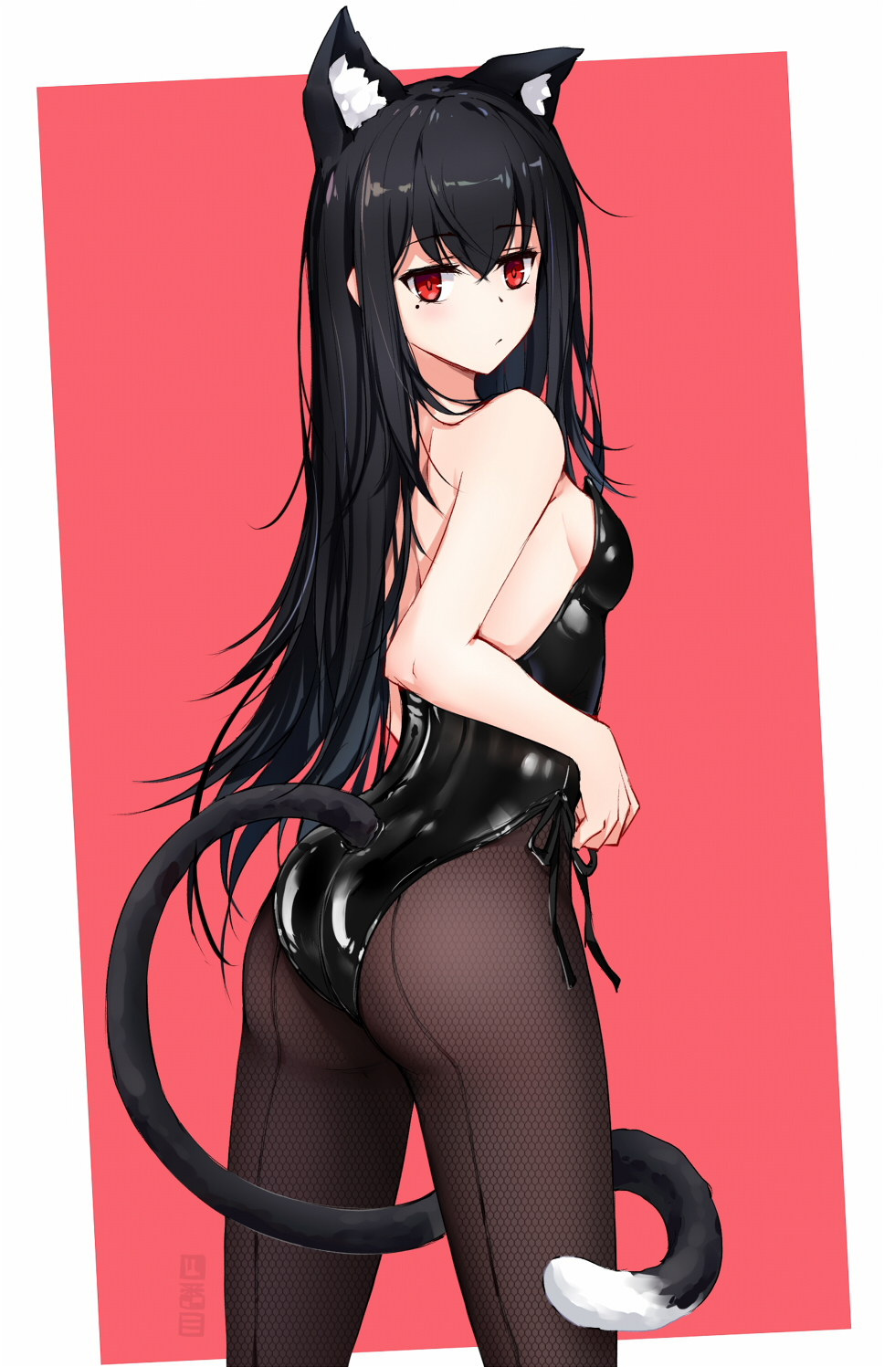 1girl animal_ear_fluff animal_ears ass bangs bare_arms bare_shoulders black_hair black_leotard breasts brown_legwear cat_ears cat_girl cat_tail closed_mouth eyebrows_visible_through_hair from_behind hair_between_eyes highres kittysuit leotard long_hair looking_at_viewer looking_back mole mole_under_eye original pantyhose pink_background red_eyes shibanme_tekikumo small_breasts solo standing strapless strapless_leotard tail two-tone_background very_long_hair white_background xingye