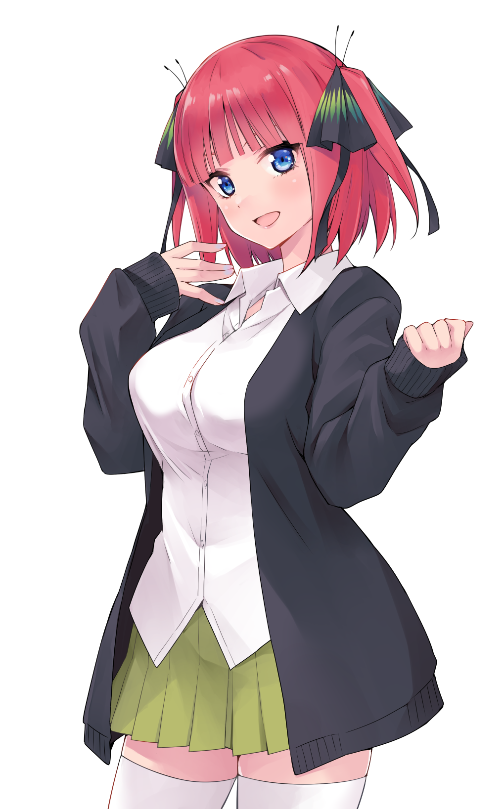 1girl :d bangs black_cardigan black_ribbon blue_eyes blunt_bangs blush breasts butterfly_hair_ornament cardigan collared_shirt commentary_request cowboy_shot dress_shirt go-toubun_no_hanayome green_skirt hair_ornament hair_ribbon hands_up highres hikari_no_oukokumin long_sleeves looking_at_viewer medium_breasts miniskirt nakano_nino open_cardigan open_clothes open_mouth pink_hair pleated_skirt ribbon shirt short_hair simple_background skirt sleeves_past_wrists smile solo thigh-highs two_side_up white_background white_legwear white_shirt zettai_ryouiki