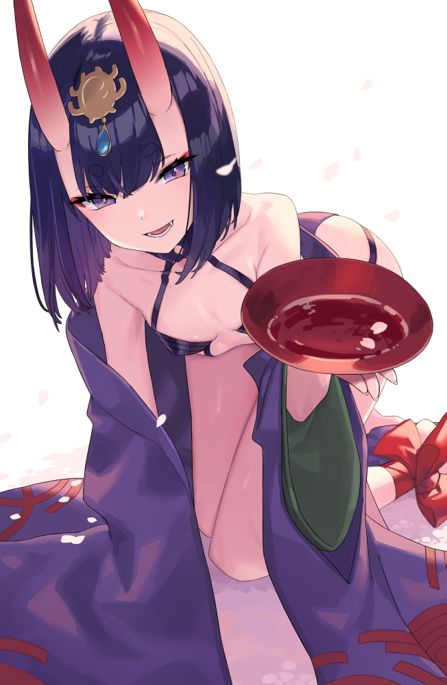 1girl all_fours bangs bare_shoulders blush bob_cut breasts chorefuji collarbone cup eyeliner fang fate/grand_order fate_(series) headpiece horns japanese_clothes kimono long_sleeves looking_at_viewer makeup off_shoulder oni oni_horns open_mouth purple_hair purple_kimono revealing_clothes sakazuki short_hair short_kimono shuten_douji_(fate/grand_order) skin-covered_horns small_breasts smile violet_eyes white_background wide_sleeves