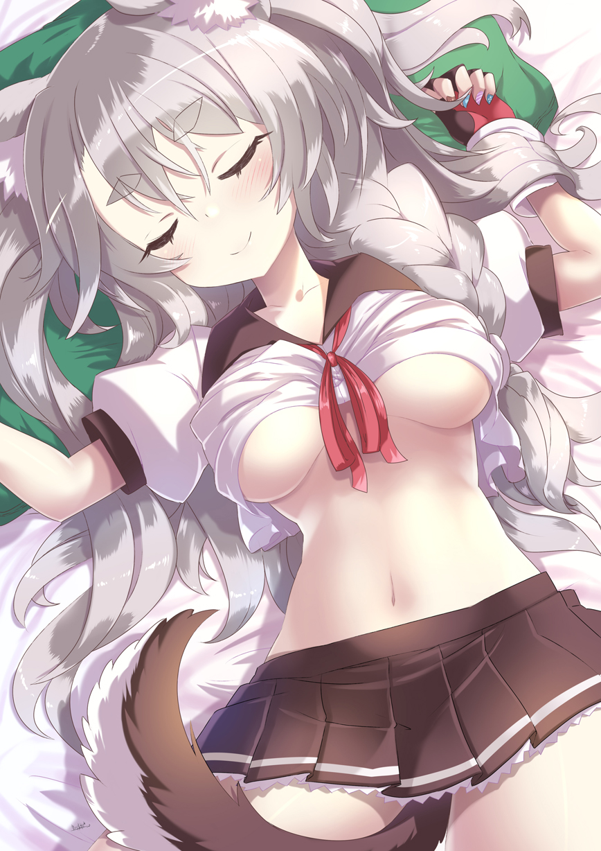 1girl animal_ears azur_lane bed_sheet bow bowtie braid breasts collarbone commentary_request fingerless_gloves gloves highres krono_tokage long_hair lying midriff nail_polish navel pillow pleated_skirt school_uniform serafuku silver_hair single_braid skirt sleeping smile solo tail thick_eyebrows two_side_up under_boob wolf_ears wolf_tail yuudachi_(azur_lane)