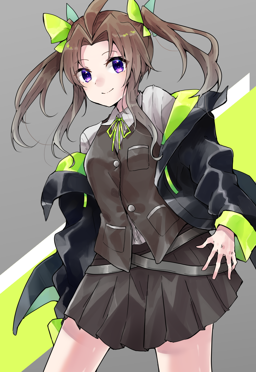 1girl black_jacket brown_hair buttons closed_mouth collared_shirt cowboy_shot eyebrows_visible_through_hair green_ribbon grey_skirt grey_vest hair_ribbon highres jacket kagerou_(kantai_collection) kantai_collection long_hair long_sleeves neck_ribbon pleated_skirt ribbon shirt skirt smile solo twintails u_yuz_xx vest violet_eyes white_shirt