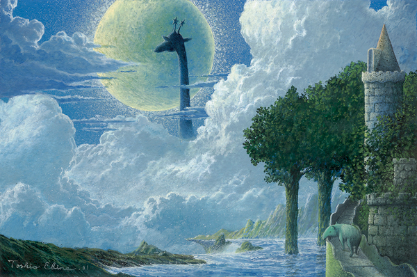 blue_sky castle clouds cloudy_sky commentary_request ebine_toshio fantasy full_moon giraffe lake landscape moon moonlight mountain nature night night_sky no_humans original outdoors scenery sky star_(symbol) tapir tower tree water waterfall