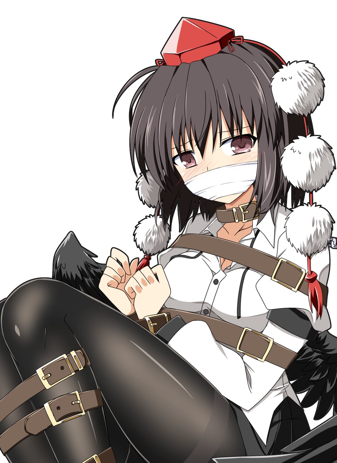 1girl belt black_hair black_legwear bound breasts brown_eyes cloth_gag gag gagged hat highres improvised_gag pantyhose pom_pom_(clothes) red_headwear rise_(rise19851203) shameimaru_aya simple_background solo thighband_pantyhose tokin_hat touhou white_background wings