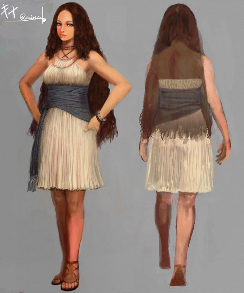 1girl artist_request bare_shoulders blue_eyes bracelet brown_hair character_name closed_mouth concept_art criss-cross_halter curly_hair dragon's_dogma dress grey_background halterneck hands_on_hips jewelry long_hair looking_at_viewer multiple_views necklace official_art quina_(dragon's_dogma) sandals sash smile standing very_long_hair white_dress wristband
