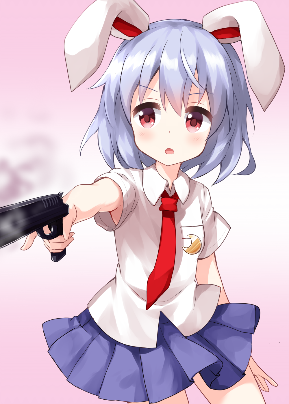 1girl animal_ears bangs blue_hair blue_sky collared_shirt crescent crescent_moon_pin eyebrows_visible_through_hair gun highres holding holding_gun holding_weapon looking_to_the_side medium_hair necktie open_mouth pink_background pleated_skirt rabbit_ears red_eyes red_neckwear reisen ruu_(tksymkw) shirt short_sleeves simple_background skirt sky smoke smoking_gun solo standing touhou v-shaped_eyebrows weapon white_shirt