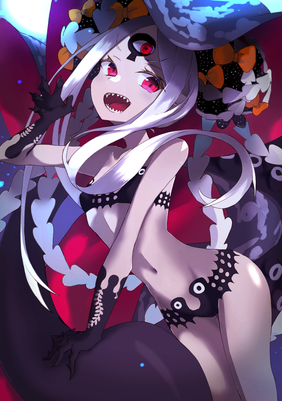 1girl abigail_williams_(fate/grand_order) abigail_williams_(swimsuit_foreigner)_(fate) bangs bare_shoulders bikini black_bikini black_bow bow breasts collarbone double_bun fate/grand_order fate_(series) forehead highres keyhole long_hair looking_at_viewer multiple_bows navel open_mouth orange_bow parted_bangs pink_eyes sharp_teeth shirokuma1414 sidelocks small_breasts smile swimsuit teeth tentacles thighs third_eye very_long_hair white_hair white_skin